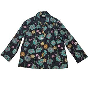 Vintage Chico's Jacket Women's 0 Small Black Blue Silk Floral Embroidered Boho